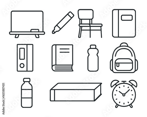 Classroom Supplies Icons. Outline icon set of classroom supplies: chalkboard, whiteboard marker, desk chair,