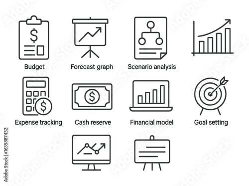 Financial Planning Icons. Outline icon set of financial planning and forecasting: budget plan, forecast graph,