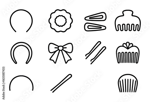 Hair Accessories Icons. Outline icon set of hair accessories: hairband, scrunchie, barrettes, claw clip,