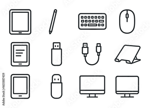Digital Learning Icons. Outline icon set of digital learning devices: tablet, stylus pen, wireless keyboard,