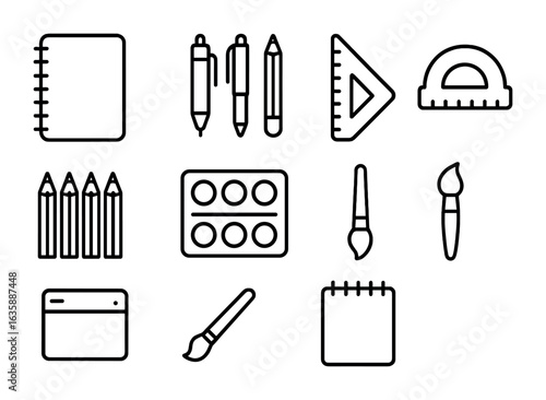 Creative Tools Icons. Outline icon set of writing and drawing essentials: notebook, pen set, ruler, protractor
