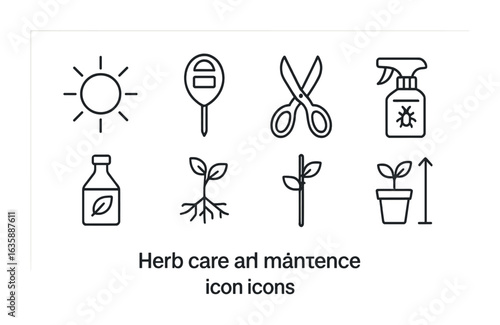 Herb Care Icons. Outline icon set of herb care and maintenance: sunlight icon, moisture meter, trimming shears