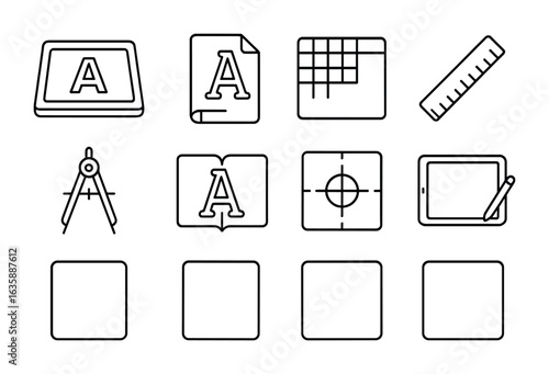 Typographic Tools Icons. Outline icon set of typographic tools and materials: light table, tracing paper,