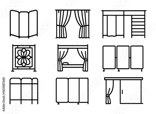 Bedroom Privacy Icons. Outline icon set of bedroom privacy screens: folding panel, blackout curtain, fabric