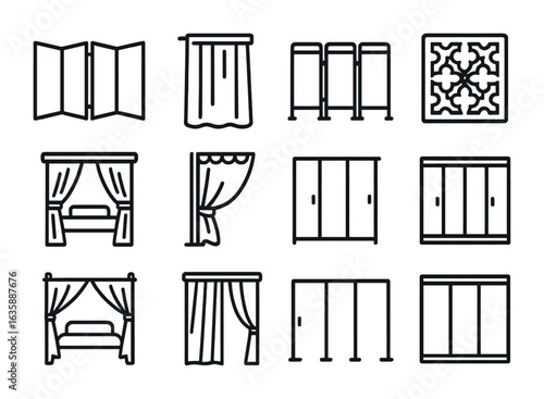 Bedroom Privacy Icons. Outline icon set of bedroom privacy screens: folding panel, blackout curtain, fabric