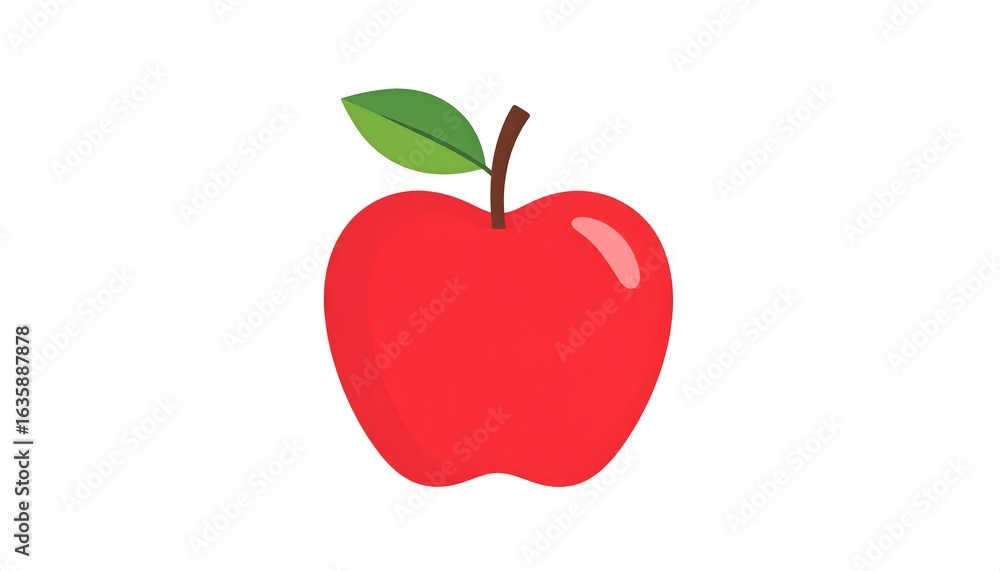 Fototapeta premium A vibrant and fresh red apple illustration with a single green leaf and stem, a classic symbol of health, nutrition, organic food, and education, isolated on a clean white background.