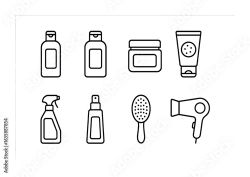 Hair Care Icons. Outline icon set of hair care routines: shampoo bottle, conditioner bottle, hair mask jar,