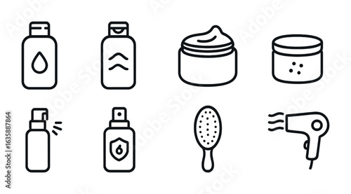 Hair Care Icons. Outline icon set of hair care routines: shampoo bottle, conditioner bottle, hair mask jar,