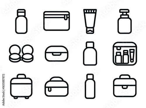 Travel Essentials Icons. Outline icon set of travel and convenience: mini bottle, travel pouch, leak-proof cap