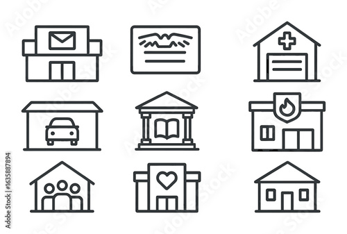 Public Services Icons. Outline icon set of public services: postal office, social security card, health