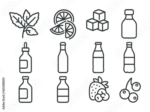 Cocktail Ingredient Icons. Outline icon set of cocktail ingredients: fresh mint, citrus slices, sugar cubes,