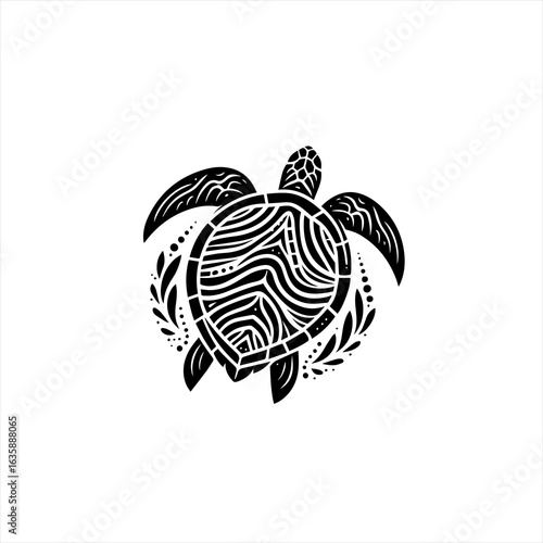 Black and white stylized sea turtle with decorative patterns and floral elements