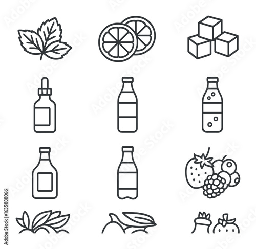 Cocktail Ingredient Icons. Outline icon set of cocktail ingredients: fresh mint, citrus slices, sugar cubes,