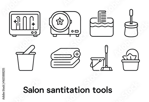 Salon Sanitation Icons. Outline icon set of salon sanitation tools: UV sterilizer, autoclave, comb cleaner,