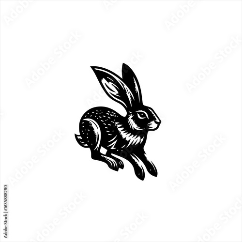 Black and white illustration of a running rabbit in linocut style