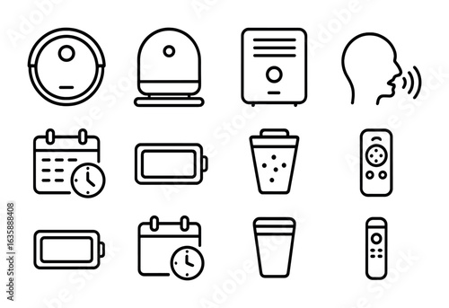 Smart Cleaning Icons. Outline icon set of smart cleaning appliances: robotic vacuum, mop robot, smart air