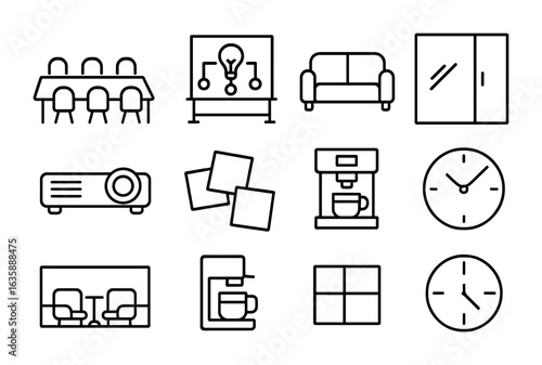 Office Space Icons. Outline icon set of collaborative office spaces: conference table, brainstorming wall,