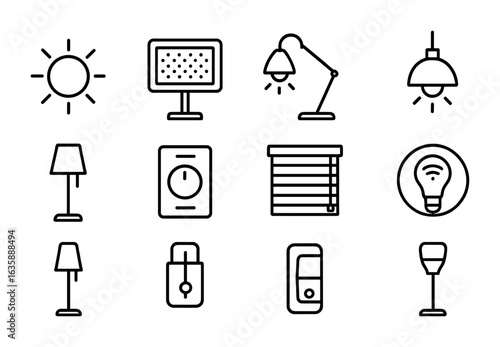 Lighting Solutions Icons. Outline icon set of lighting solutions: natural light, LED panel, desk lamp, pendant