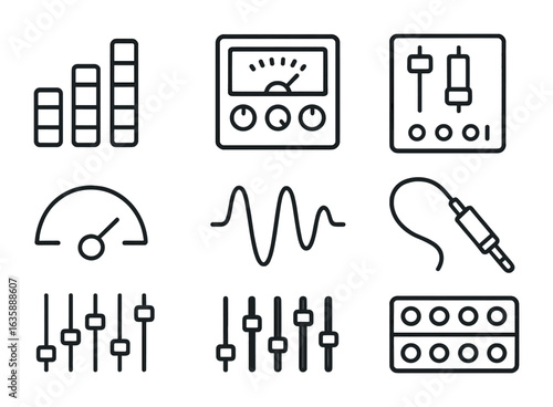 Sound Engineering Icons. Outline icon set of sound engineering: equalizer, compressor, reverb, sound meter,
