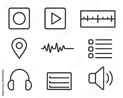 Recording Session Icons. Outline icon set of recording session workflow: record button, play button, stop