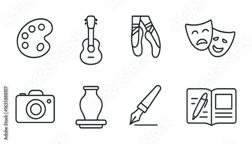 Creative Icons Grid. Outline icon set of creative expression: paint palette, musical instrument, dance shoes,