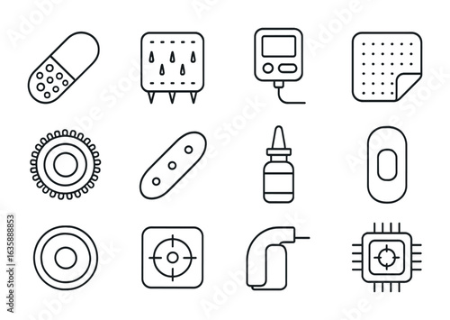 Drug Delivery Icons. Outline vector icons of drug delivery systems: nanoparticle capsule, microneedle patch,
