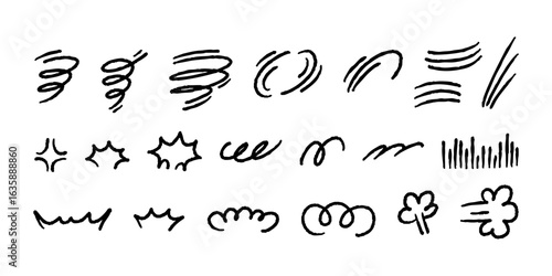 Hand drawn comic storm effects with dynamic swirl and motion lines. Doodle style wind and action symbols for cartoon.