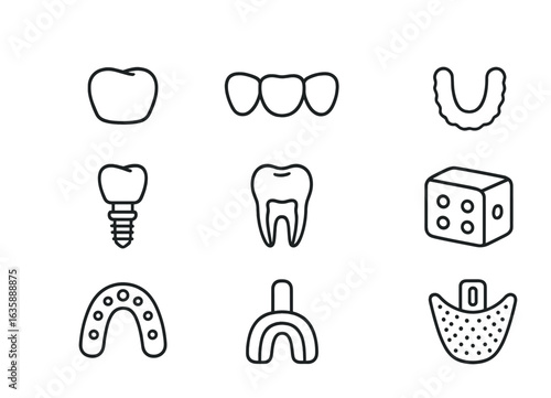Dental Material Icons. Outline vector icons of dental biocompatible materials: ceramic crown, zirconia bridge,