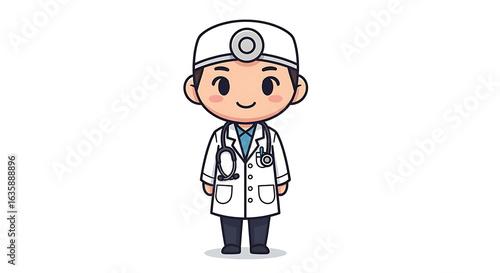 Cute Cartoon Doctor Character Illustration with Stethoscope and Head Mirror
