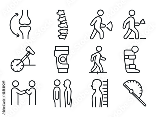 Musculoskeletal Exam Icons. Outline vector icons of musculoskeletal exam: joint movement icon, spine diagram,