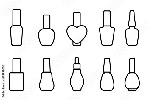 Nail Polish Icons. Outline vector icons of nail polish bottle shapes: tall cylinder, stubby round, heart shape