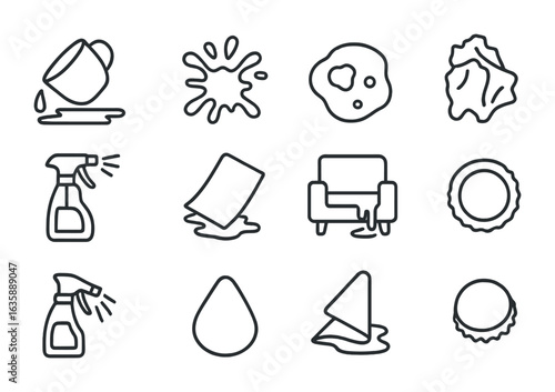 Cleaning Spills Icons. Outline vector icons of accidental spills on furniture: coffee cup, juice splash, food