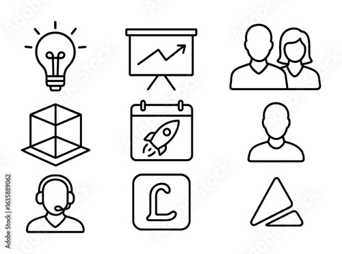 Startup Launch Icons. Outline vector icons of startup launch essentials: business idea, pitch deck, co-founder
