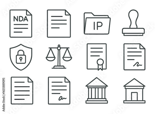 Startup Legal Icons. Outline vector icons of startup legal and compliance: NDA document, terms sheet, IP