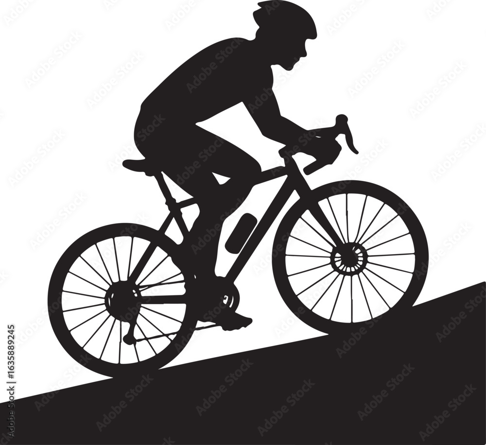 Fototapeta premium A silhouette of cyclist riding uphill, active lifestyle, black vector