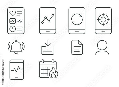 Mobile Health App Icons. Outline vector icons of mobile health apps: app dashboard, health graph, sync icon,