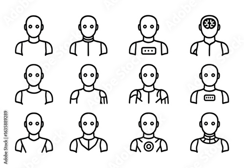 Futuristic Android Icons. Outline vector icons of futuristic androids: sleek torso, glowing eyes, voice module
