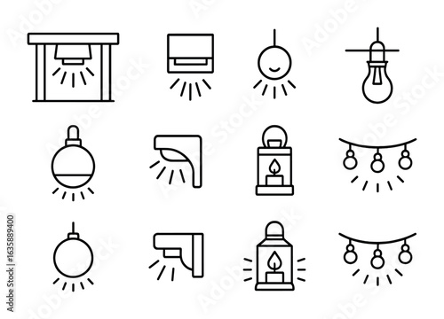 Patio Lighting Icons. Outline vector icons of patio and deck lighting: railing light, step lamp, recessed glow