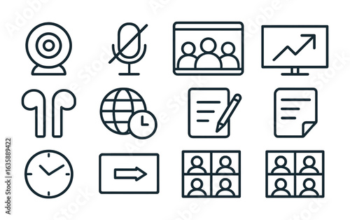 Virtual Meeting Icons. Outline vector icons of virtual meetings in public spaces: webcam icon, muted mic,