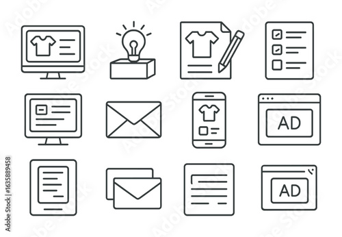 Side Hustle Icons. Outline vector icons of side hustle entrepreneurs: Etsy dashboard, order alert, product