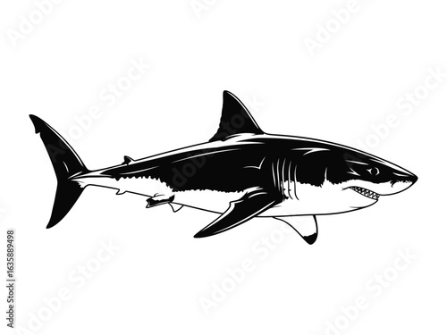 Great White Shark Portrait: A stark monochrome depiction of a fearsome great white shark, highlighting its powerful form and predatory presence. A study in aquatic dominance. 