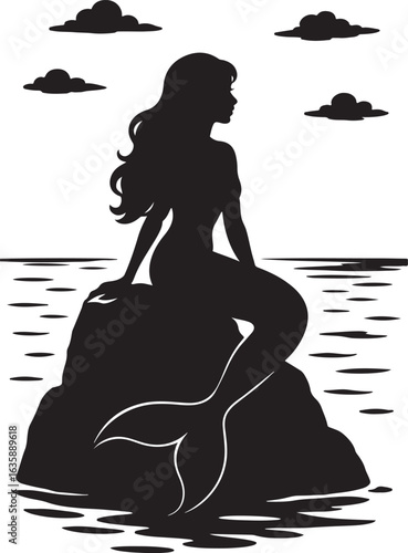 A silhouette of a mermaid on rock by sea, fantasy mood, black vector