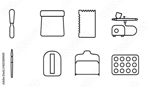 Cake Decorating Tools. Outline vector icons of cake decorating tools: offset spatula, bench scraper, icing