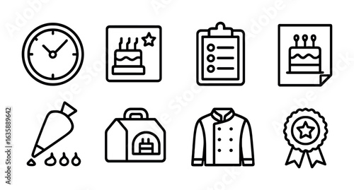 Cake Competition Icons. Outline vector icons of cake competition preparation: time clock, judging card, score