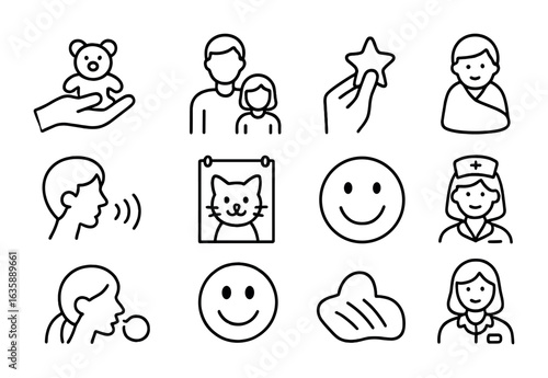 Pediatric Comfort Icons. Outline vector icons of pediatric comfort care: toy in hand, parent presence, sticker