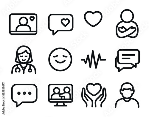 Telehealth Care Icons. Outline vector icons of telehealth emotional care: video call screen, caring message,