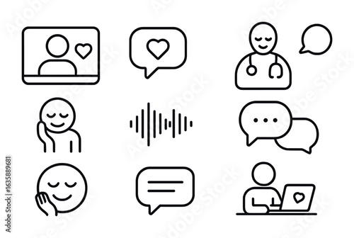 Telehealth Care Icons. Outline vector icons of telehealth emotional care: video call screen, caring message,