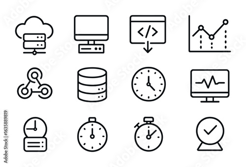 Trading Bot Infrastructure Icons. Outline vector icons of trading bot infrastructure: cloud server, VPS icon,