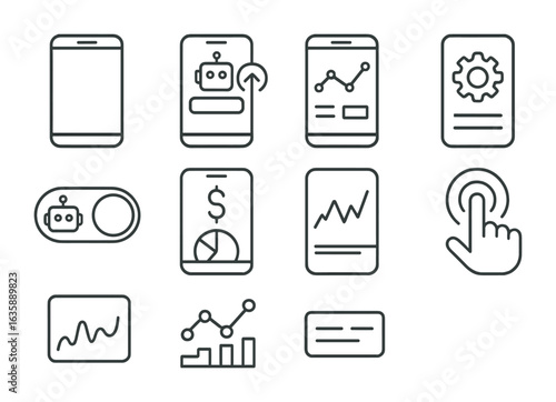 Mobile Trading Icons. Outline vector icons of mobile trading bot control: smartphone screen, trade