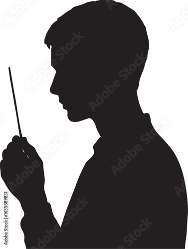 A silhouette of person holding incense stick, calm focus, black on white